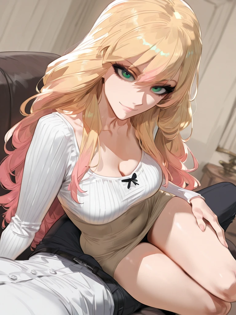 <lora:selkie-10:0.8>, selkie fe, 1girl, solo, looking at viewer, bedroom background, seductive smile, sitting, detailed face, cleavage, facing viewer, blonde hair, pink hair, large breasts, oversized shirt, oversized clothes, white shirt, skirt, thighs, loose shirt