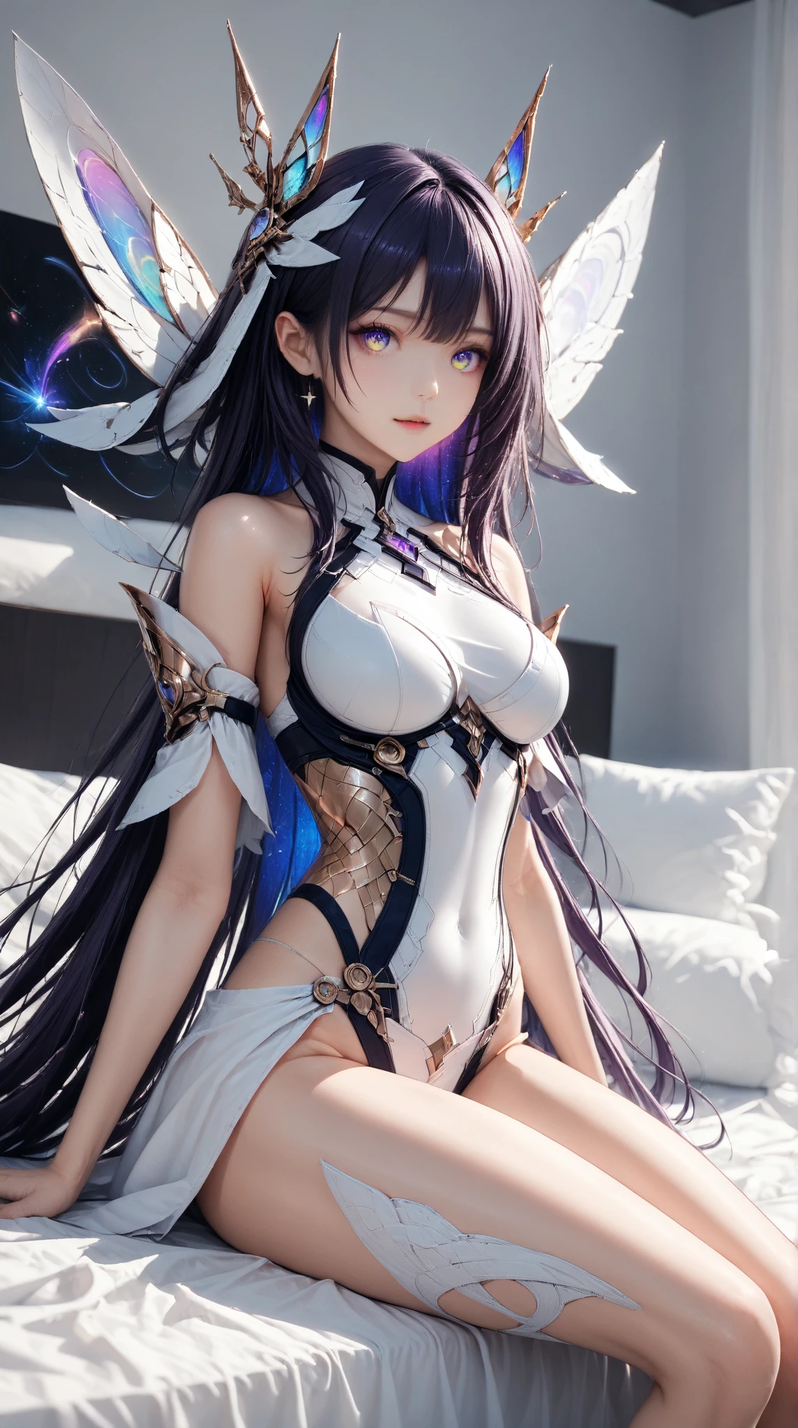 the hair,Nice face,blue bikini armor,Heterochromatic pupil,fully body photo,half moon,under moonlight,(tmasterpiece:1.1),(Best quality:1.1),(HighDynamicRange:1),ambient light,Super quality,( Super detailed original image),(1 Sister, whole body part),((harajuku fashion)),((flower with human eyes, flower eyes)),double contact,A fusion of fluid abstract art,An error occurred,(Original illustration composition),(Limited color mixing, Minimalist art style, butterflys, artistically),