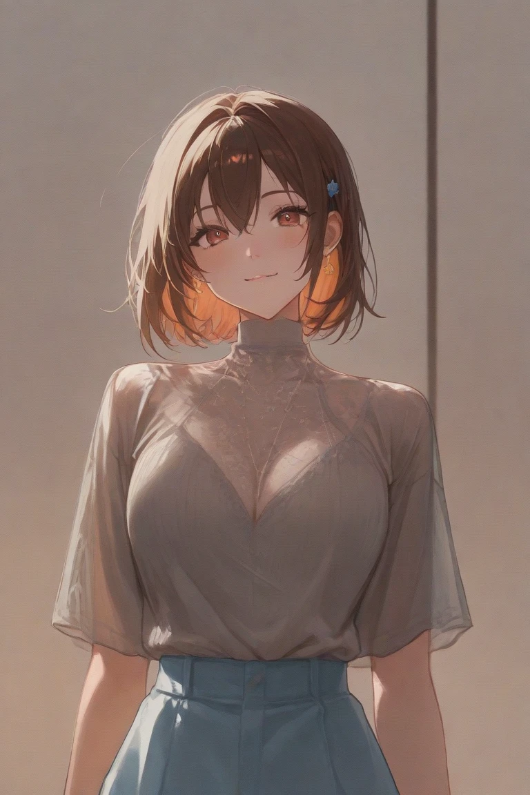 solo, 1girl, parted lips, cha hae-in, purple eyes, expressive eyes, perfect face, 
BREAK (white shirt, short sleeves, sweater, brown sweater:1.2),
BREAK slight smile、cute smile、cloudy liquid,((arms behind back:1.5)),
BREAK Cafe background, 
BREAK best quality, masterpiece, highres,  (perfect hands, perfect anatomy),(intricate details, masterpiece, 8k, UHD, highres),