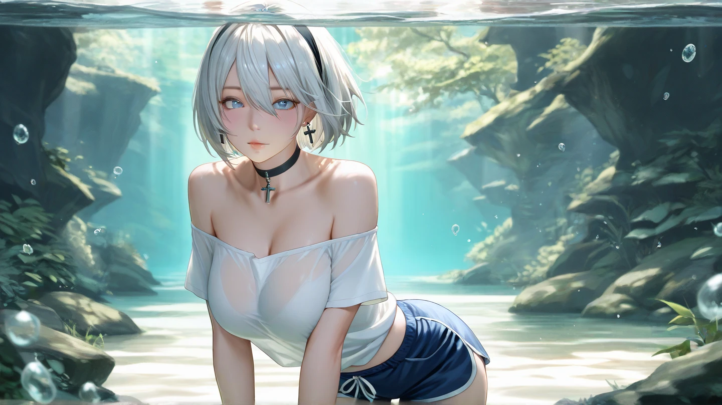 ((masterpiece)), ((best quality)), (ultra-detailed), ((extremely detailed)), 4K, (8K), best quality, a beautiful woman, ((beautiful light gray hair)), shiny hair, ((fluffy bob cut)), light blue eyes, freckled skin, flushed cheeks, 20 years old,
((sitting in Indian style)), seated, floral black bikini, bare feet, perfect limbs, full body, accessories
Slender wooden one-person designer chair, one chair, front view, shot from distance, bright light, cracked concrete room, ((windowless room)), ((unfurnished room except for one chair)), green mortar walls, ((waterlogged marble floor)), ((light illuminating entire body)), from below, ((( (no furniture at all)), ((chair submerged in water))