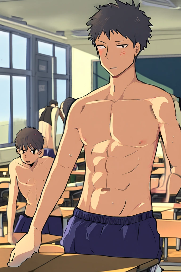 In a locker room, there's a slender and mascular young man in his white briefs. He has pissed his pants. He looks embarrassed and ashamed of peeing himself. Anime.