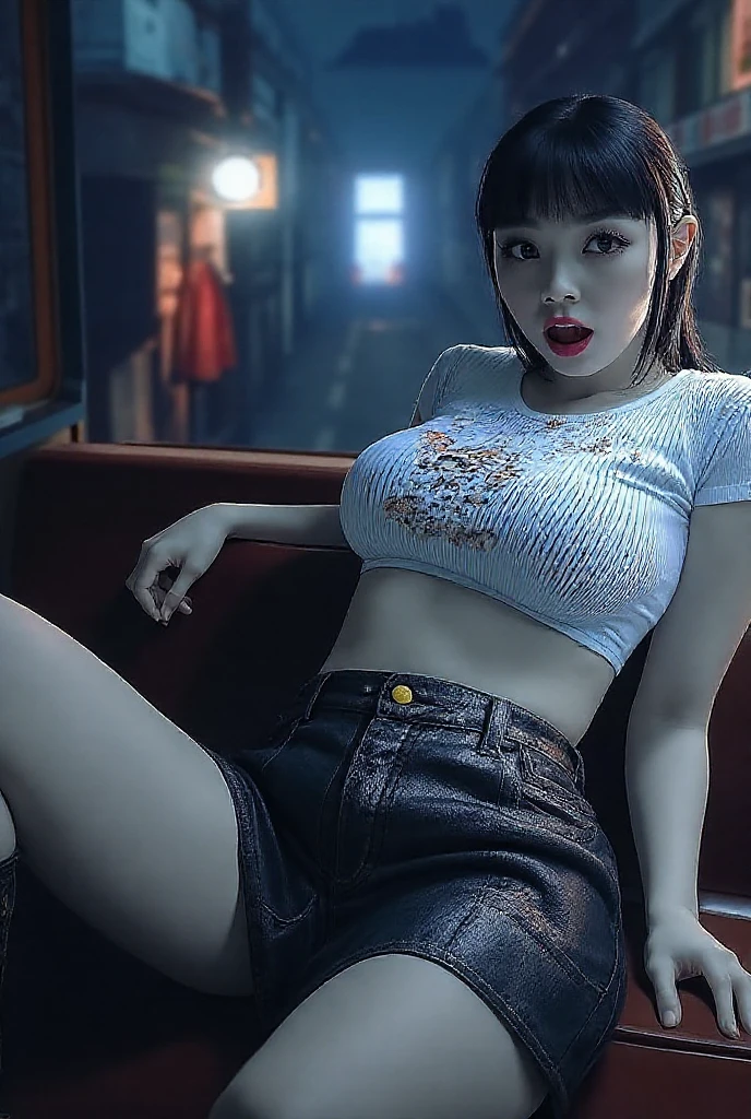 ((Wide-Angle, 8k, extremely detailed, high detailed, ultra high definition)), beautiful korean girl inside old factory, ((full body:0.9)), large breasts, perfect body, old machines, dirty room, room full of old men, working men on background, crowd of boys, perfect eyes, confused face, cried, uniform, tied button shirt, tied hair, ripped pants, groin, hip lines, (molestation:1.5),