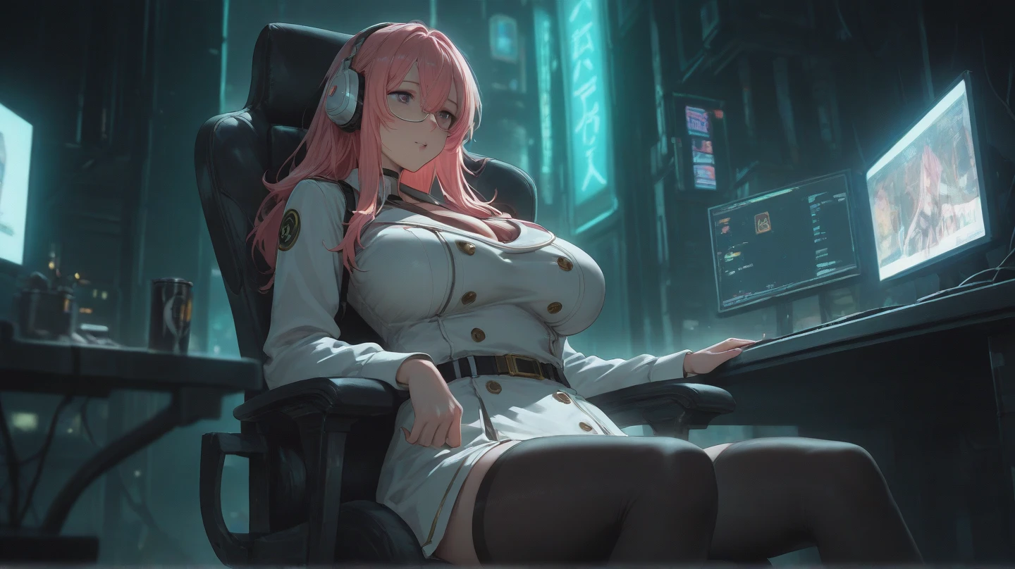 Draw an anime girl with a seductive expression, excelling in a virtual reality gaming world, surrounded by symbols of her gaming achievements, pink hair, full body shot, large breasts, cleavage