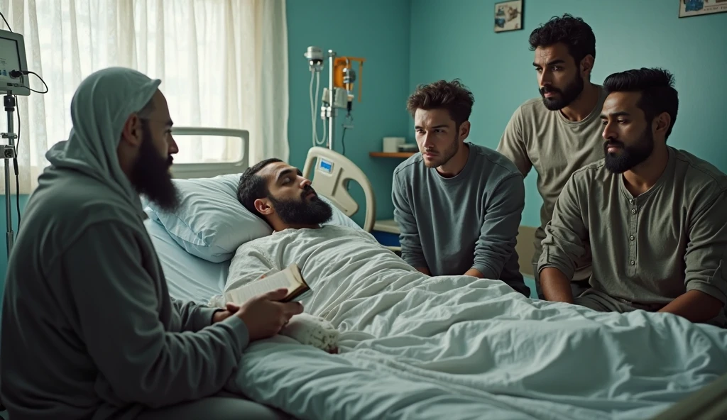 In an anatomy classroom, a handsome Puerto Rican man, stark, very bearded and hairy body, is lying on an examination table, wearing only white underwear. He is touched and examined closely by a group of curious casually dressed students around him., all focused on learning about the human body. The school classroom is bright.