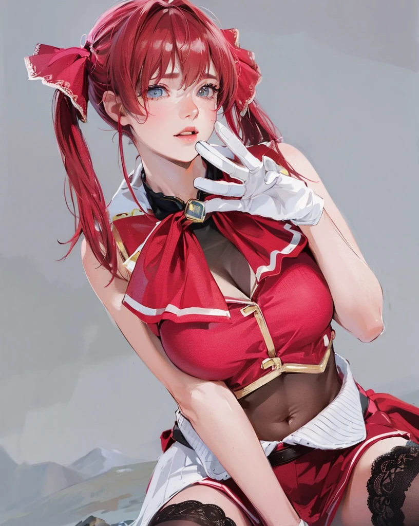 riruka, (masterpiece), (best quality), (perfect faces),((sense of depth)),(ultra-detailed), 1girl, solo, ((full body)),(character focus), Slight blush, Detailed hands, low angle, short twin tails, cleavage, midriff