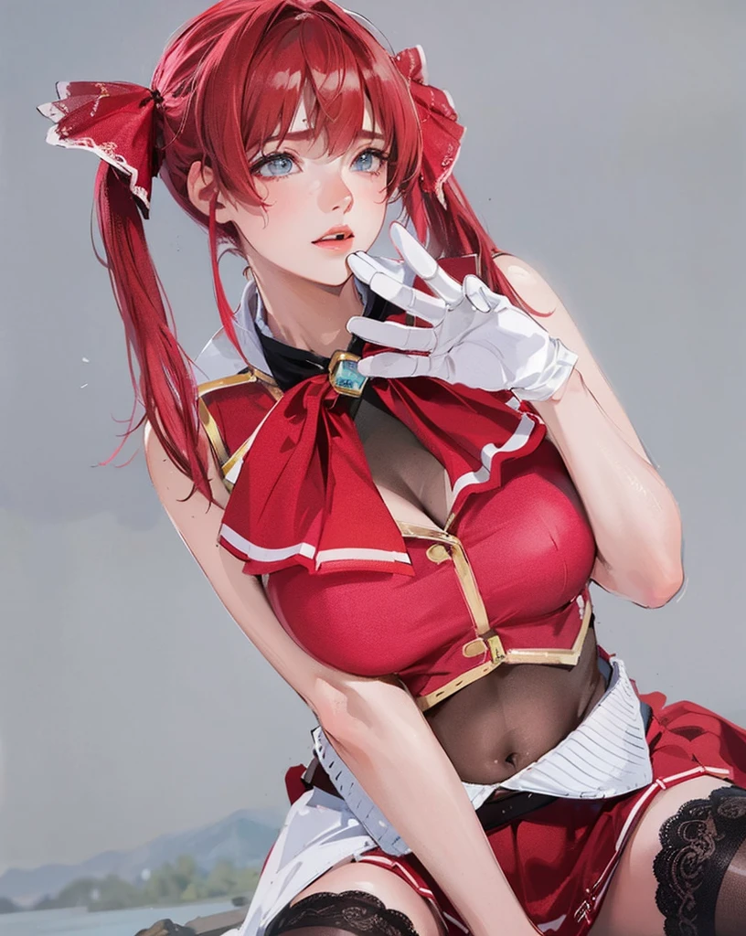 HDR, CG, sharp focus,(8k), (4k), (Masterpiece), (Best Quality), fantasy, extremely detailed, intricate, hyper detailed, (perfect face:1.3), (perfect eyes:1.2), illustration,soft lighting,(specular lighting:1.4), highres, absurdres,(realistic:1.5), thick thighs,(skindentation:1.3),best quality, Houshou Marine, houshouBase, heterochromia, red eyes, yellow eyes, twintails, long hair, hair ribbon, large breasts, white gloves, frilled choker, red ascot, leotard, leotard under clothes, red jacket, cropped jacket, sleeveless jacket, black coat, off shoulder, bicorne, red skirt, miniskirt:1.1, leather belt, black thighhighs, parted lips, sexy pose
<lora:houshouMarine5Outfits_v20:1>,
