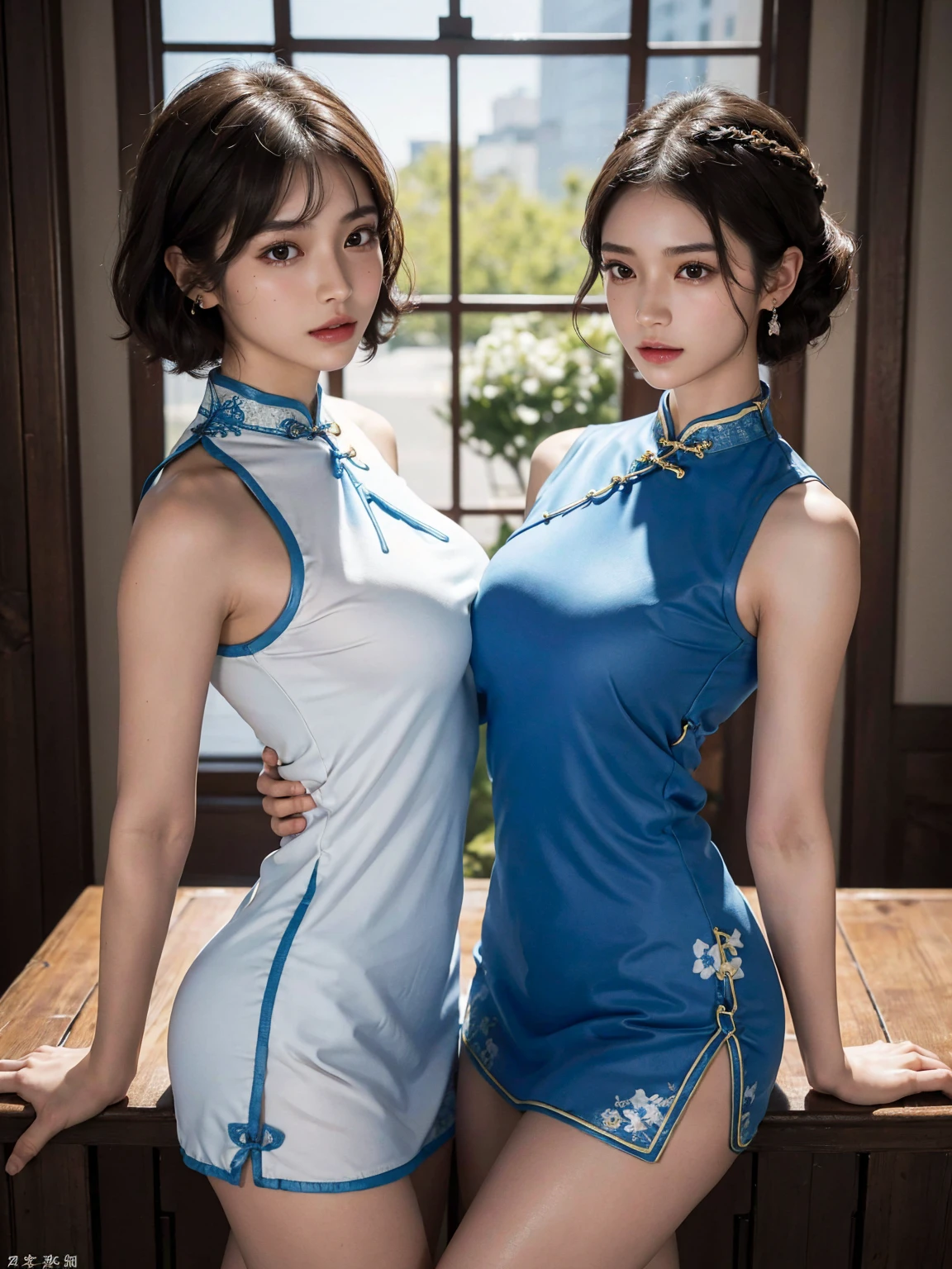 ((super high quality、High resolution、masterpiece、 Anatomically correct、Super detailed photos、Ultra-realistic photos、 Highest quality))、(3girls)、looking at viewer、((from front))、(cowboy shot)、(Breast enlargement:1.2)、(Short cheongsam:1.2)、chinadress、(huge breast:1.3)、Small waist、Detailed face、Perfect figure、Brown Hair、medium hair、Hotel room with a night view、((Get closer to my chest3People Women))