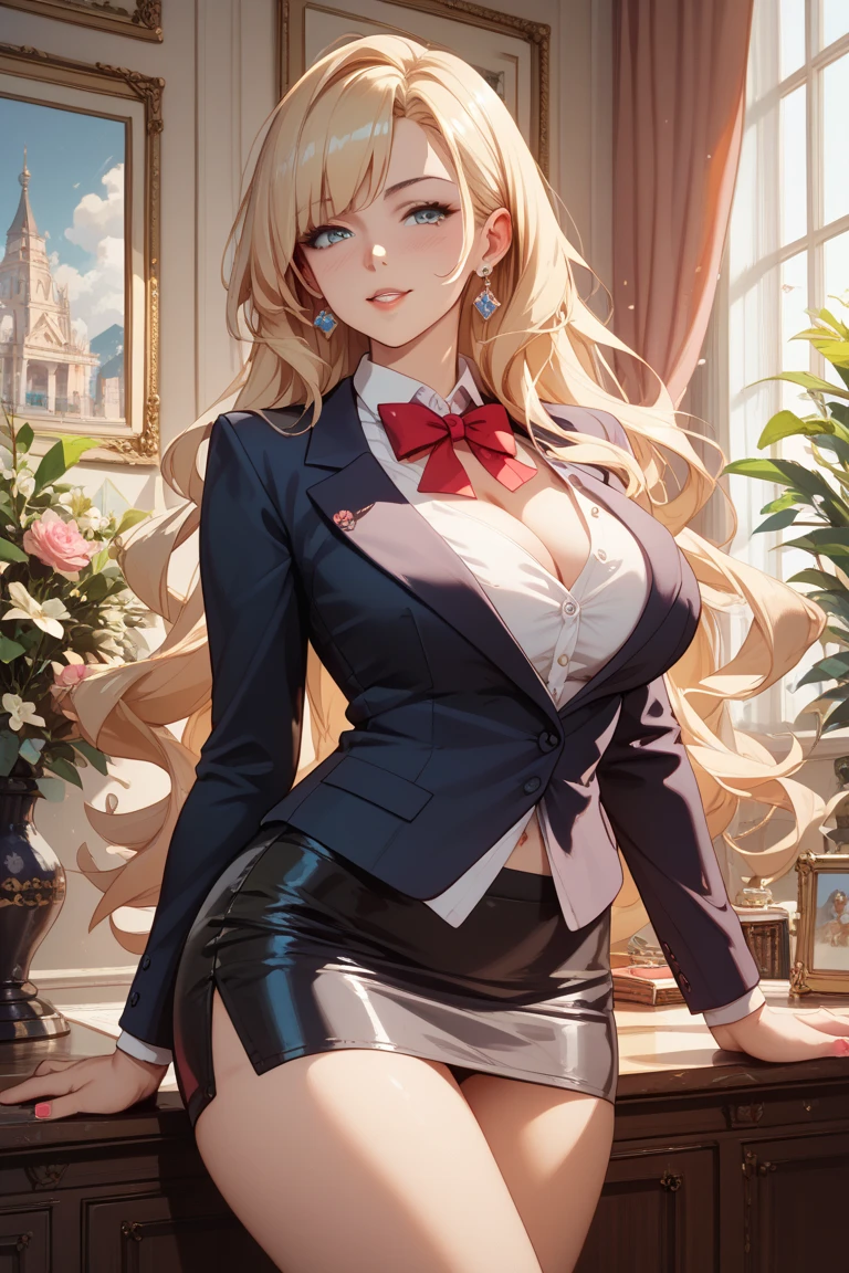 masterpiece,Highest quality, Unreal Engine, Ultra-high resolution, Very detailed, One girl,Medium chest, Waist, thin, (muscular:0.7) Rose Orianna Blonde Hair, Drill Hair, Blunt bangs, ,blazer, Frilled shirt, skirt, Thighs, Round Breasts, Medium chest while standing, Sexy pose, Put your hands on your hips, Waist shot, Watch with a viewer, blush ,smile, Lips parted,5 fingers on the right hand、5 in the left hand