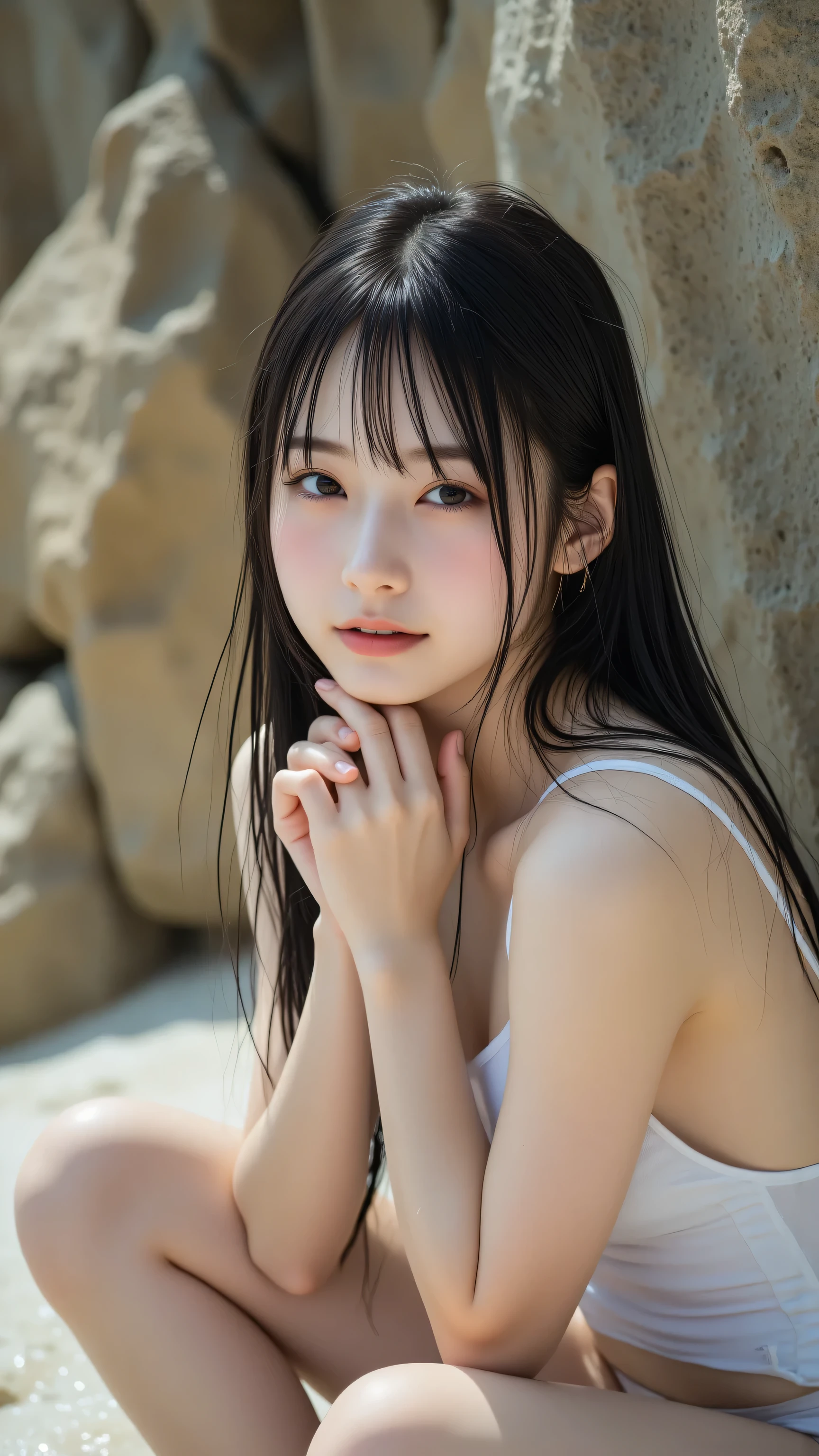 High resolution 8K RAW photo of a Japanese actress solo, captured in a portrait with cinematic brilliance and photoRealistic detail (Realistic, photo-Realistic:1.2). Beautiful Face, A tranquil desert rock formation. , sleek nose, white skin, directs a sensual gaze to the camera. Wet hair clings to wet skin, wet clothes — transparent, seamless , Slim straps, Tight Fit, high-leg white leotard - reveals camel toe and crotch (detail:1.4), with covered nipples and small breasts. she wears ankle strap sandals, Elbows are placed on their knees、hands are closely crossed, exudes casual yet seductive gravure charms. The background features an urban rapidity wall with bold colors and textures, Crafted with sharp focus and top quality, emphasizes elegant appeal.
,small breasts, hidden nipples,
