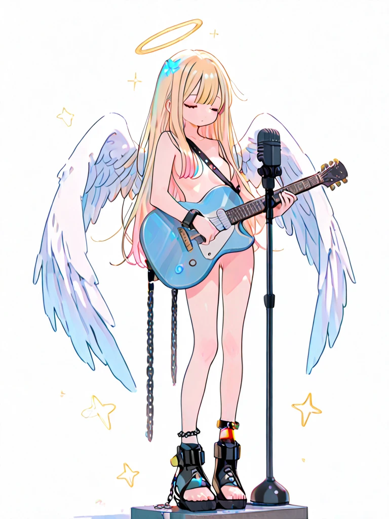 short pants, zip open,(( no bra)), hair flying, short shirt, dynamic pose, full body ,panties,perfect hands, five perfect fingers, (((wings made of sounds))), Goddess of sounds, power coming from sounds , Musical note flying,Temple of music,