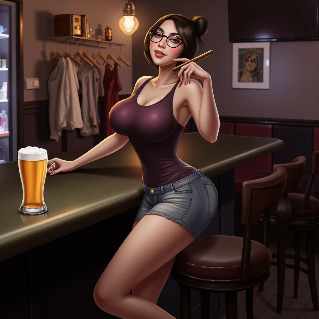 8k, best quality, realistic photos, realistic details, clear face, delicate facial features, real skin shine, a cute girl, shameless, facing the camera, girl sitting in a bar in a gray fishnet sweater and lifting skirt, clear bar background, sea view, arms on bar counter, hips, slim body, big breasts, 24 years old, charming, seductive eyes