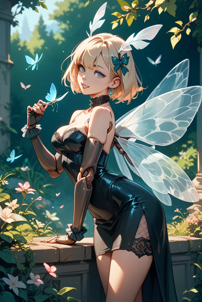 ((1woman, (solo, 1girl, alone), kohaku, blonde hair, blue eyes, tied hair)), smug, ((solo, (1woman, pink lipstick), Extremely detailed, ambient soft lighting, 4k, perfect eyes, a perfect face, perfect lighting, a 1girl)), austere, ((green dress, long stocking, black stocking, black gloves, long gloves, archer woman, fairy, fairy wings, wooden bow, cherry blossom, sunset, jacaranda forest))