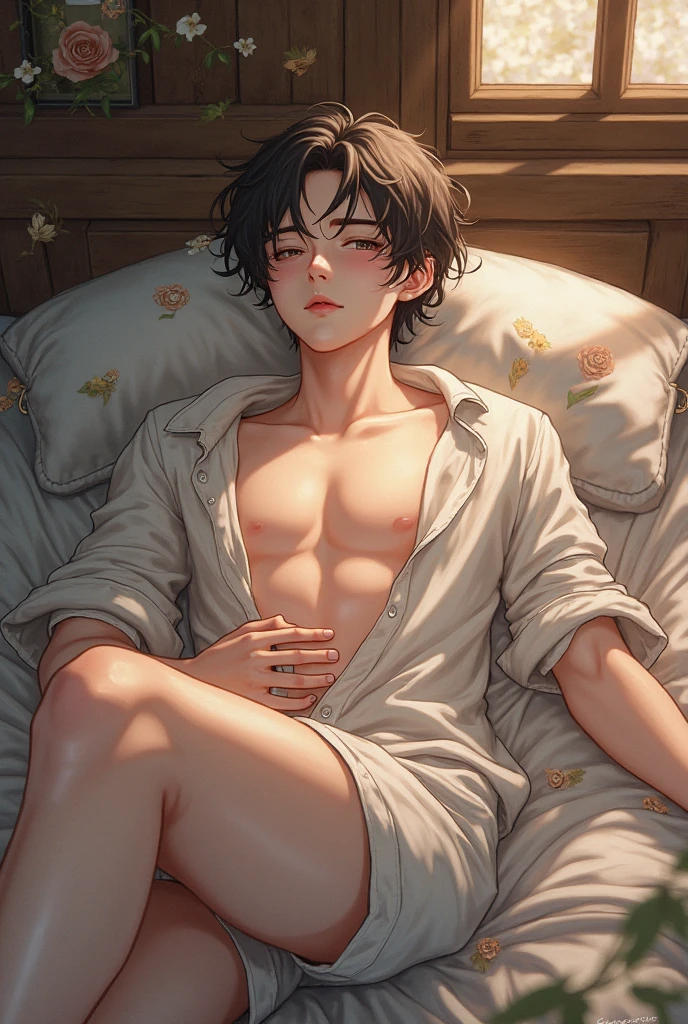 Boy sleeping on his back on the bed(、Levi Ackerman)、Sleep、Black Hair、T-Shirts(white)、See-through nipples、boxer shorts(Shorts、gray)、((between legs(bulge)))、Sweat、Humidity、tears、hot、blush、orgasm