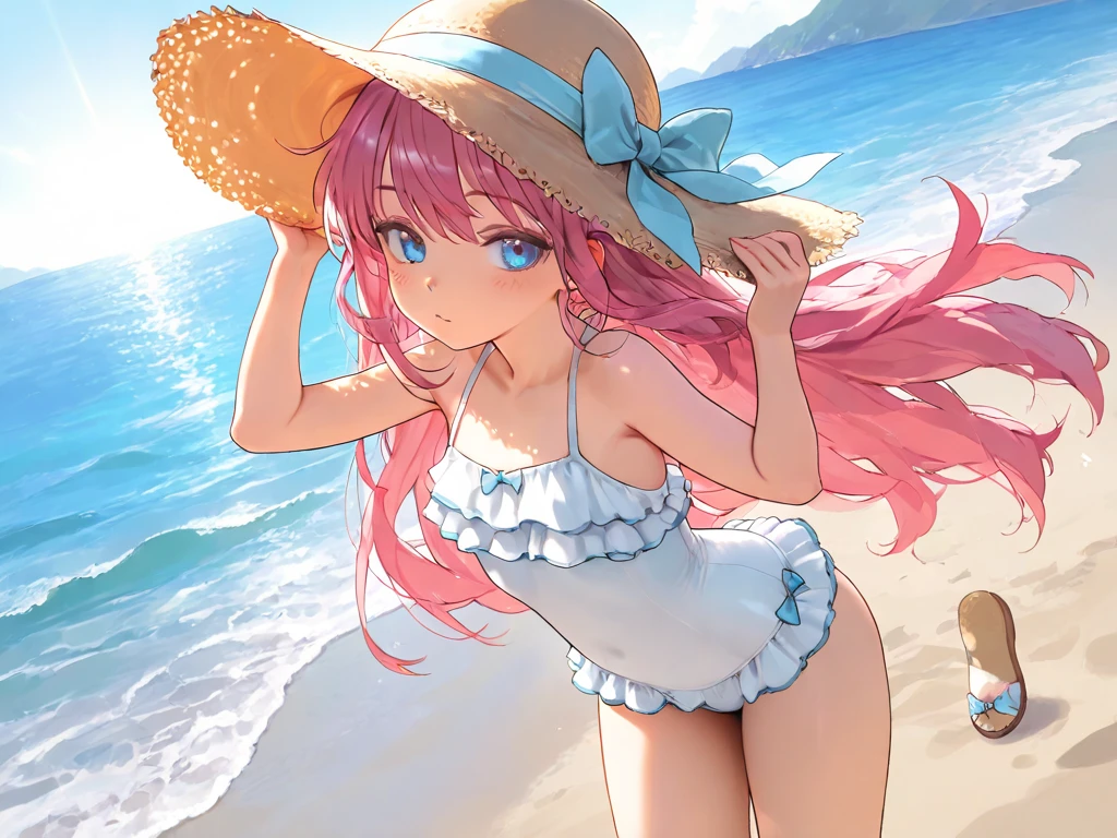 anime girl standing on the beach, ocean in the background, wind, waves, beautiful sunlight, beautiful sky, (1girl), long pink hair, pink eyes, large breasts, (wearing a pink swimsuit), sun hat, smile, blushing, belly button, amazing scenery, masterpiece, high res, 8k