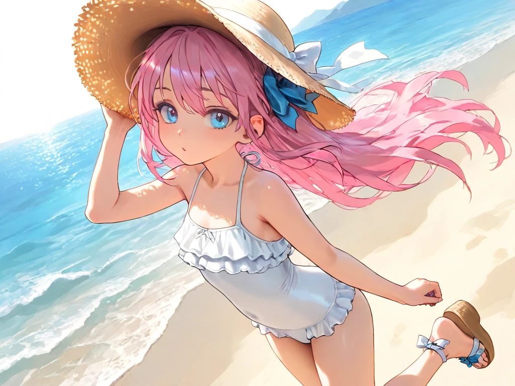 anime girl standing on the beach, ocean in the background, wind, waves, beautiful sunlight, beautiful sky, (1girl), long pink hair, pink eyes, large breasts, wearing a swimsuit, (pink swimsuit), sun hat, smile, blushing, amazing scenery, masterpiece, high res, 8k