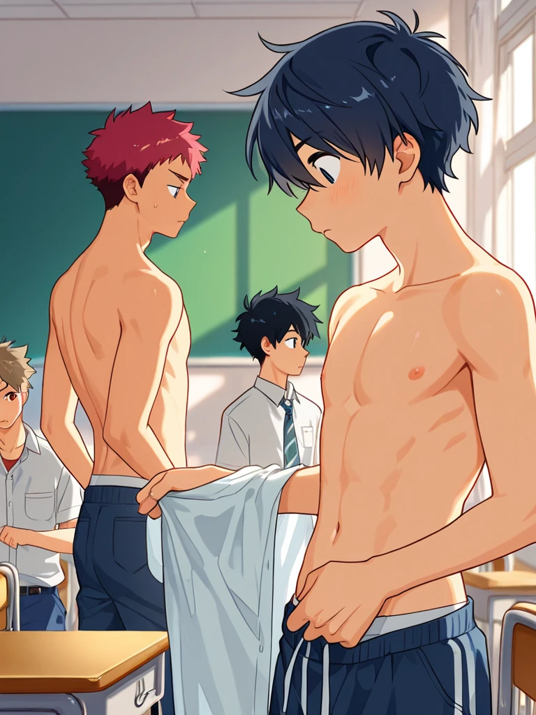In a locker room,  there's a slender and mascular young man in his white briefs. He has pissed his pants. There's a pee wet spot at his bulge of his briefs. He looks embarrassed and ashamed of peeing himself. Anime.