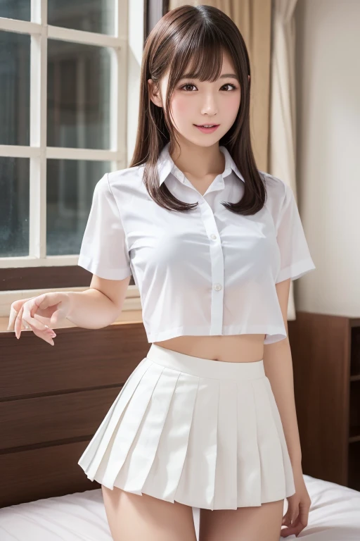 highest quality　((Real beautiful girl))　 Talented Girl　(Cute face)　Idol　Balear　White blouse　bottomless　White panties　uniform　Skirt flip　Beautiful Skin　whole body　Small breasts　Short　smile　Slim figure　