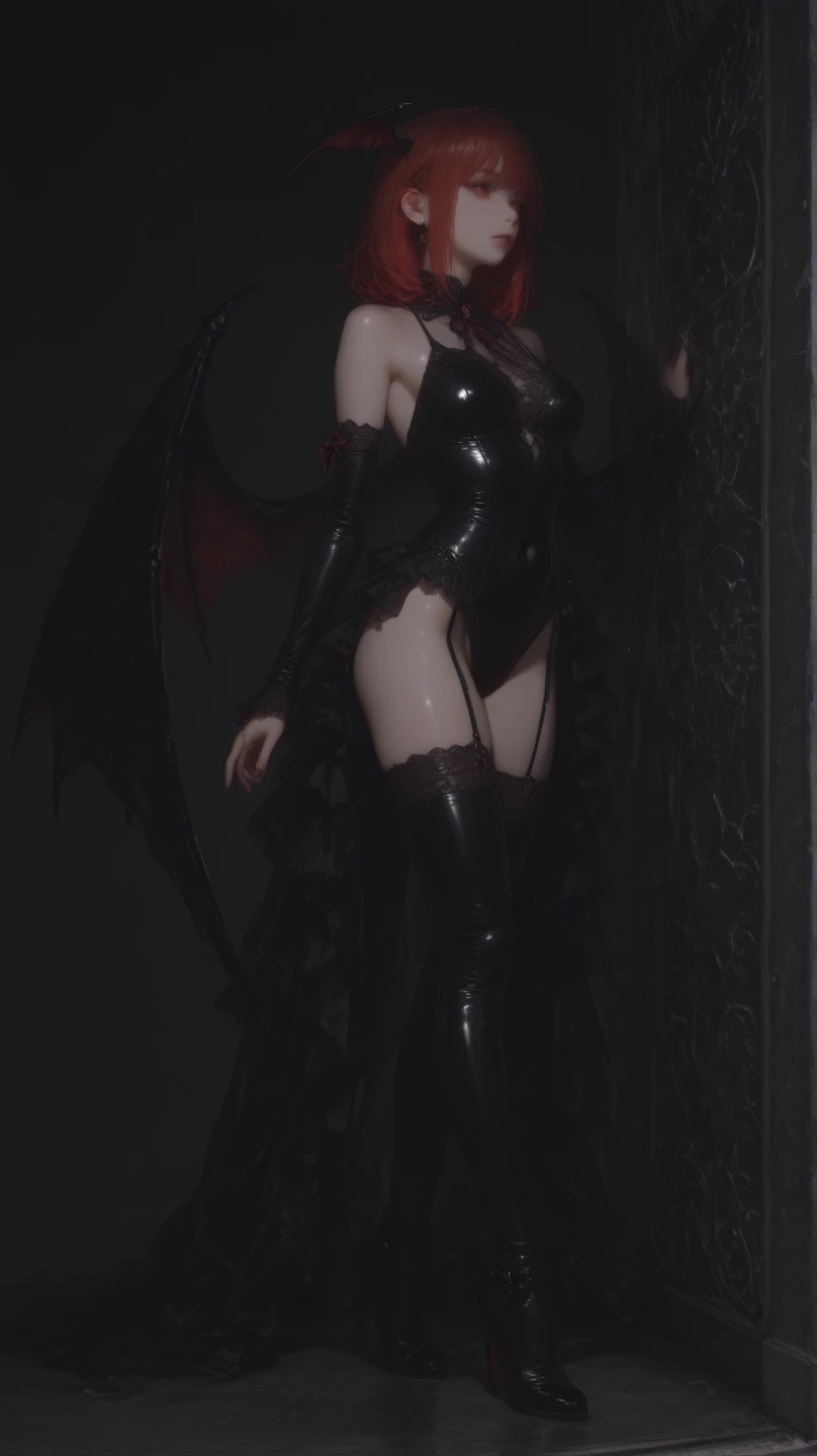 A succubus girl, long dark hair, piercing eyes, full lips, seductive expression, black lace lingerie, horns, bat wings, glowing red eyes, dark fantasy, moody lighting, dramatic shadows, cinematic composition, digital art, concept art, hyper detailed, intricate, rich colors, dramatic lighting, photorealistic, masterpiece