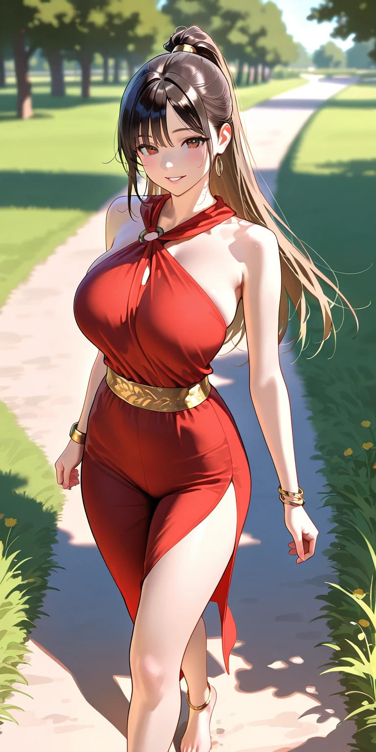 (Art: 1.2), (best quality: 1.2) 1 woman, mature, tall (1.85), She appeared to be around 28 years old, had long golden hair, straight and shiny hair, blood red eyes, extremely detailed, perfect eyes , extremely realistic eyes, well-aligned eyes, long eyelashes, anime style, perfect face, milf face, full lips, smiling, mature, clear skin, natural body, sexy body, MILF body, hands on waist, perfect hands, detailed hands, hands well proportioned to the body, realistic hands, arms with good anatomy, she wore an immortal Chinese oriental style golden dress, the dress still couldn't hide her extremely large and huge breasts that were hanging down due to her size, thick thighs, wide hips, Looking at the viewer, background scenery, scenery at a Chinese viewpoint on the edge of a lake, in the background posing the setting sun, alone Looking at the viewer, breasts visible, upperboob, breasts visible from above