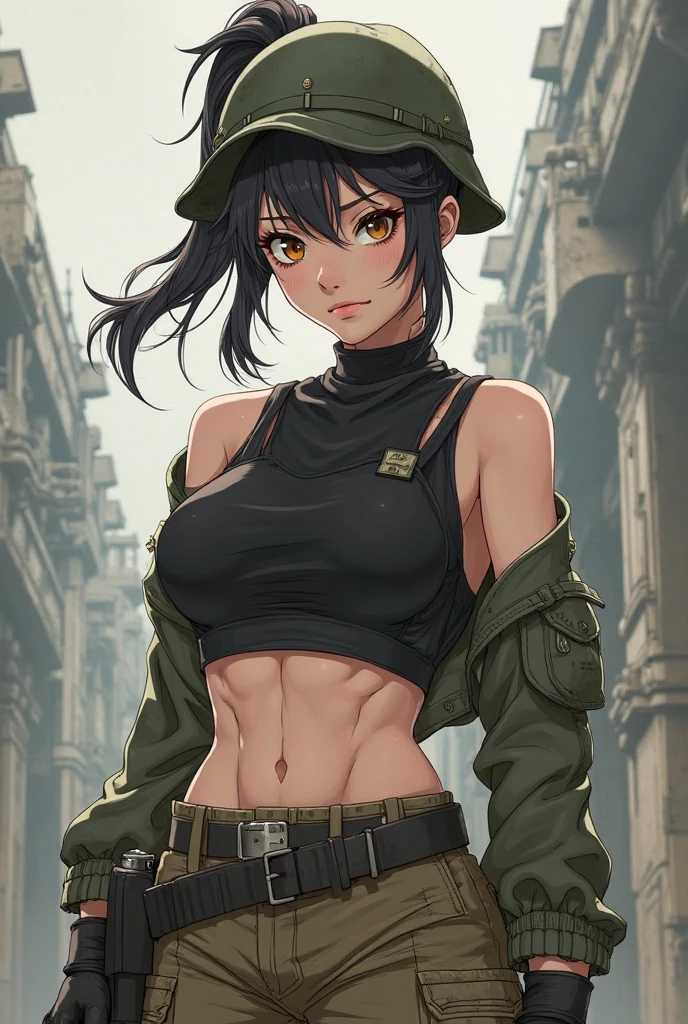 Anime, Short black hair with bangs, Narrow waist, Wearing Soviet military uniform,((bottomless)),wet pussy,((pussy:1.5)),Shaved pussy,Moscow alley,NSFW,Pussy