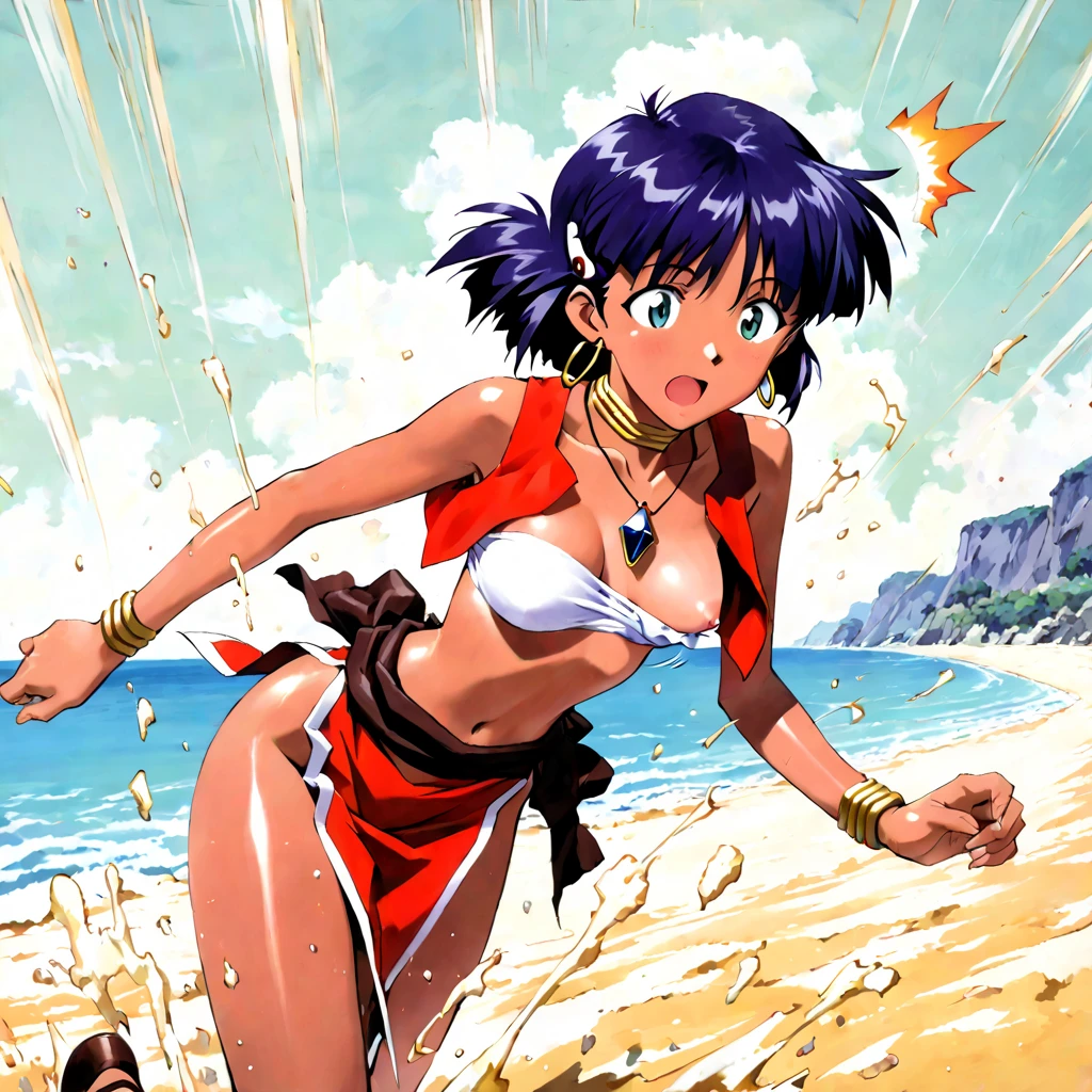 masterpiece,best quality,solo,outdoors,
<lora:kazumiamano002:0.7>,
kazumiamano,1girl,
long hair,high ponytail,hair ribbon,blue hair,sidelockseyelashes,blue eyes,lipstick,
short sleeves,leotard under clothes,
full body,
Japanese geta,running,sparkling sweat,beach,