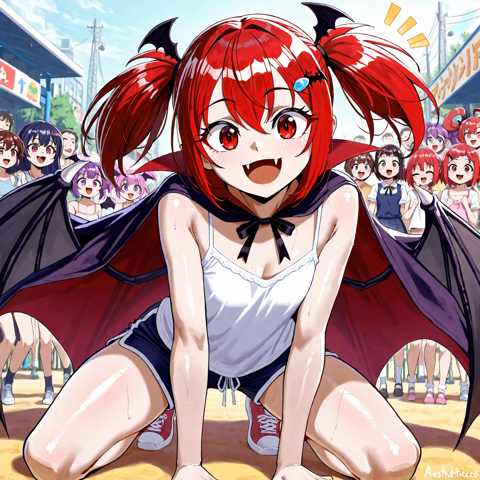 (masterpiece, best quality, high quality, highres, ultra-detailed), <lora:mari_setagaya-07:1>,
mari setagaya, succubus-form, 1girl, solo, long hair, breasts, looking at viewer, blush, smile, red eyes, navel, medium breasts, underwear, panties, red hair, cowboy shot, wings, pointy ears, striped, shiny, bra, shiny skin, ass visible through thighs, underwear only, bat wings, own hands together, striped panties, demon wings, striped bra, locker, ceiling light,