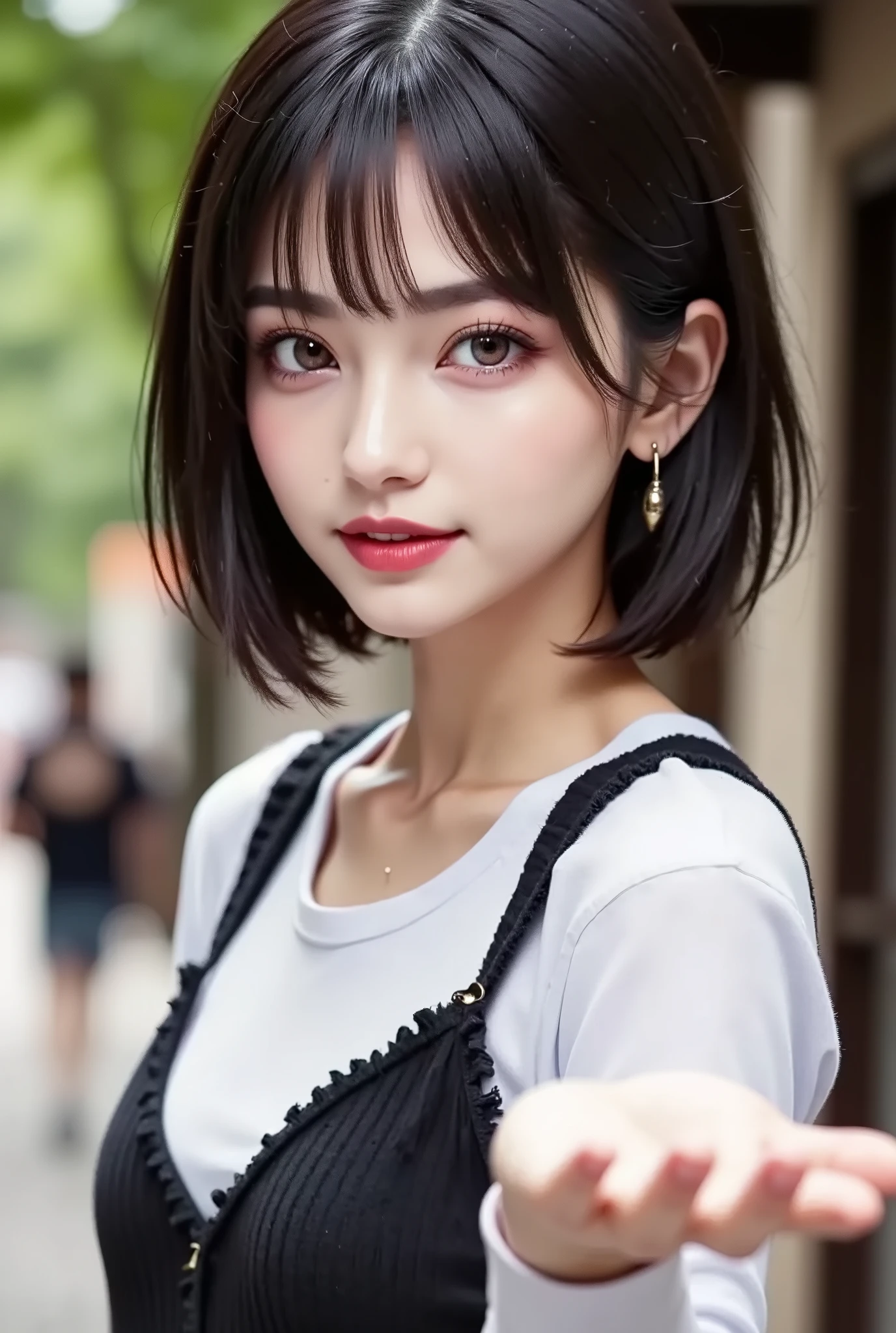((Law Angle 1.5)), ,(viewers whose hair is dancing), ((My hair is dancing 1.5)),long slant eyes ,smiling faces showing teeth holding saucers in their left hand, Tees:long sleeve、white, black fringed vest, Street tree-lined street,