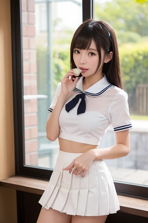 beautiful girl、Idol、high school girl、See-through、White mini skirt、stockings、sit