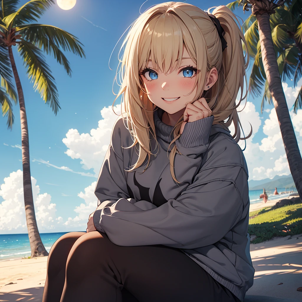 {{{masterpiece}}}, {{detailed}}, {detailed background}, {best quality}, high quality, high-definition, 4k, lights, glares, {detailed eyes}, 1girl, 1, messy blonde hair, ponytail, blue eyes, light gray tight hoodie, tight black sweatpants, blushing, smiling, sitting, Hawaiian beach, palm trees, nightime, moonlight