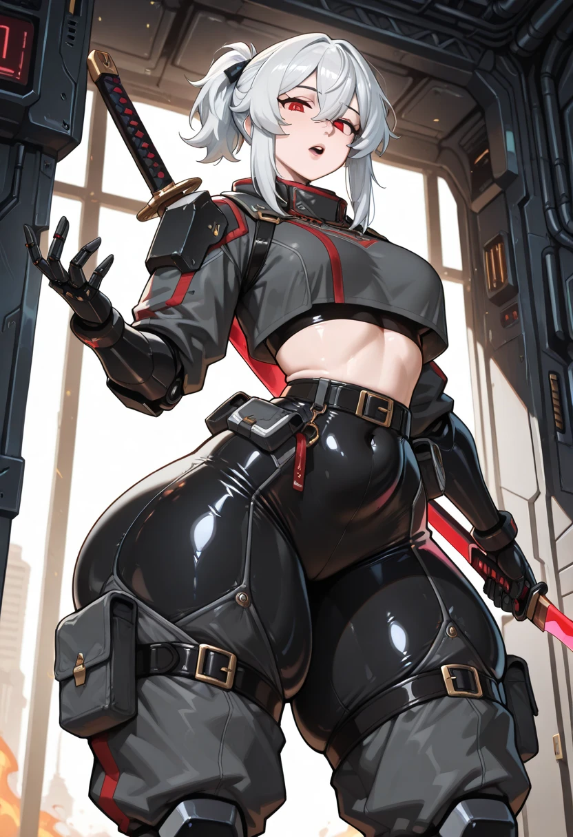 ultra-detailed, Explicit, Beautiful body, Beautiful Nose, Beautiful character design, perfect eyes, perfect face, ultra highres, 4K, beautiful legs, perfect legs, Nice hands, Perfect hand, Masterpiece, Best Quality, Highly detailed, illustration, absurdres, perfect anatomy, street fighter, doll suit, shadaloo doll, dollsuit, expressionless, blank eyes, looking at viewer, red gloves, emotionless, black latex, corrution, mind control, female combatant, full body, hypnotized, unhappy trance, full body suit, ribbed bodysuit, both arms at side, obey, perfect female body, extremely glossy latex, hypnosis, hypnoLora, empty eyes, Mind control device, poses, submissive_pose, Slave, sitting straight, sitting, sitting at attention, hat, necktie, belt, latex, ribbed bodysuit, thighhighs, garter belt, Fighting Stance, extending the right arm from the shoulder into the air with a straightened hand, military, thigh boots, black pantyhose, (((pixel-perfect, detail-perfect))), solo, 1girl, hair ornaments, long hair, white hair, twintails, hair ribbon, yellow eyes, Destroyer, Girls' Frontline, small breast, pale skin, from behind, looking from back, view from back, ass
