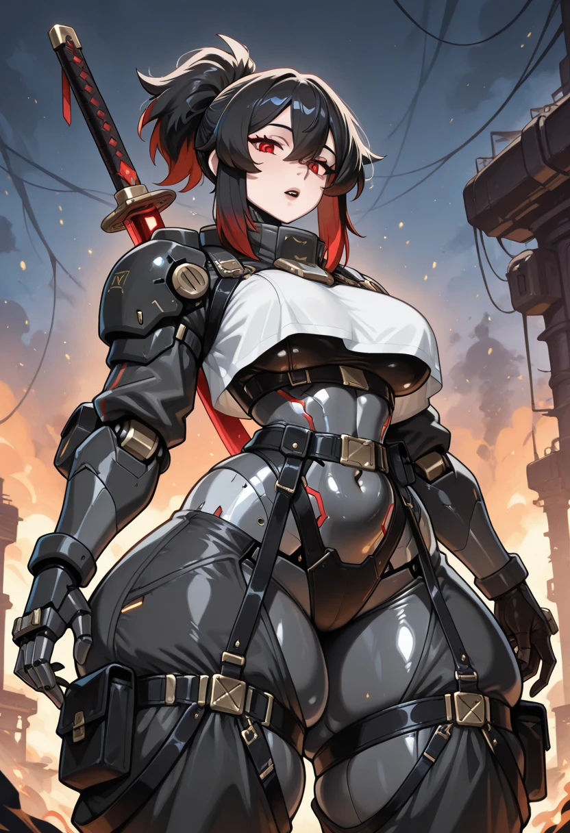 18-year-old girl,Baby Face,Crimson short-haired,ponytail hairstyle,Smile,Huge breasts,cleavage,Sheer red sleeveless top,Leave space in the middle to reveal cleavage,Soaked all over,Blushing,Red eyes,Female spy,Red miniskirt,White gloves,White hand sleeves,White boots,Science fiction,Future,Inside the mecha combat robot warehouse,robot driver,Pistol hanging on waist,No bangs