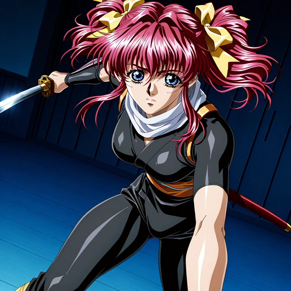 anime girl with a sword in her hand, olhos vermelho rosado escuro, detailed style, yuzuriha character, kunoichi, estilo de arte anime (colorido).