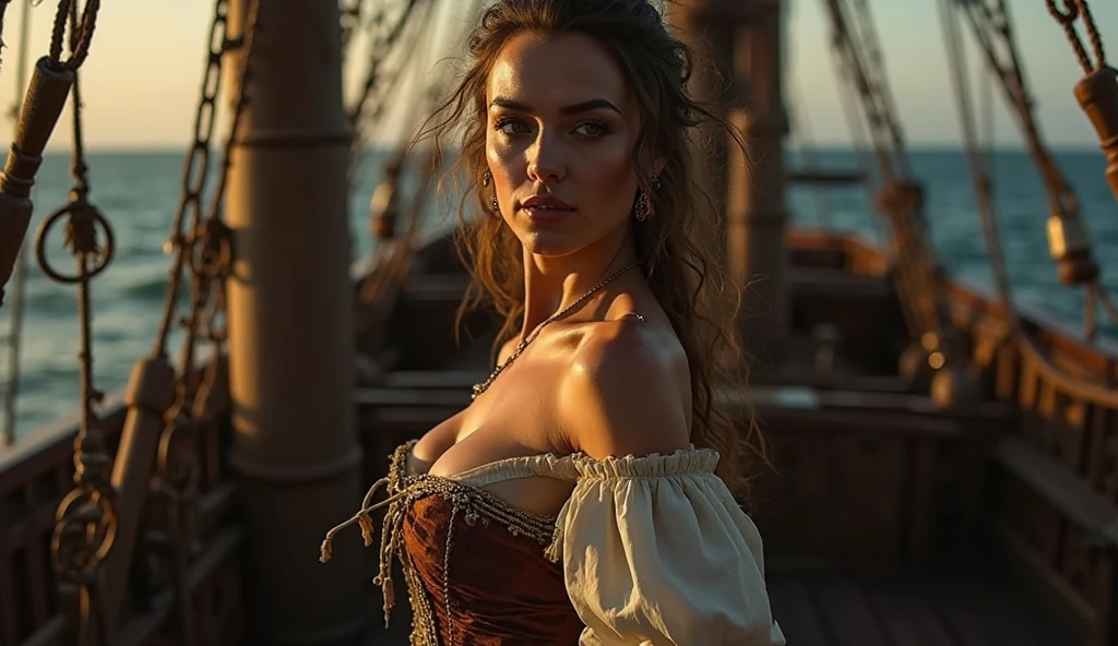 high quality, super realistic, pirate, a blond grey eyes 20-year-old Pirate Maiden with a celestial beauty rivaling the stars, Picture her poised at the helm of a grand pirate ship, her silhouette defined against the shimmering night sky of a crimson moon, The vessel itself is a maritime masterpiece, adorned with intricate carvings, polished brass embellishments, and an array of mystical symbols, The Scarlet Moonlit Pirate dons a resplendent ensemble blending midnight blues with silvery hues, adorned with delicate lace and glistening gemstones, A star-like pendant gracefully hangs around her neck, emphasizing her bewitching aura, by yukisakura, high detailed,, Watercolor, trending on artstation, sharp focus, studio photo, intricate details, highly detailed