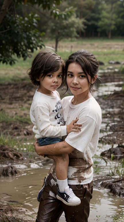(YES SFW), A brown-skinned woman finds herself fused with a mountain, creating a surreal and emotional scene. The woman, covered with a multicolored mantle of the earth, cries copiously while holding a in her arms. The baby also cr obviously starving since he can't suck his mother's milk.
Woman's body blends seamlessly into the mountainous backdrop, creating a powerful and poignant image. Her tears stream down her face, mixing with the earthy hues of the landscape. The baby, wracked wiobs, reaches towards her breast, symbolizing the deep yearning for nourishment and connection that exists between mother and .
The colors used in the painting reflect the rich tones of the earth, with shades of brown, green, and blue evoking the natural world. The woman's coat is painted in bold, swirling patterns, mirroring the dynamic energy of the landscape. The overall effect is one of intense passion and sorrow, capturing the raw emotion of a mother's love for her.
compositing: The composition of the painting is designed to create a sense of movement and energy, with the woman's body curving forward, as if suspended in the air. The baby is in the cente the image, surrounded by the Woman's arms, who hugs him tightly. The mountain stretches behind them, soft and undulating, like a great snake protecting them.
Lighting: The lighting of the scene is designed to highlight the texture and shape of the woman's body and the mountain. Dynamic lights and shadows create an effect of movement and energy, as if the scene was animated by the passion and pain of the woman.