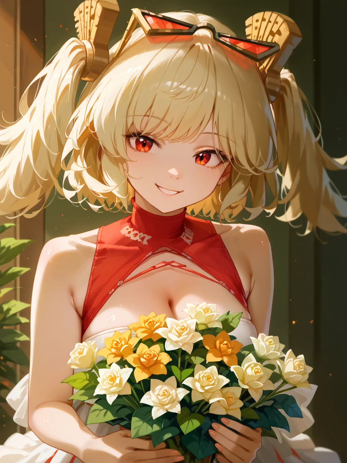 1girl, red wedding dress, white suspender stockings, amusement park, medium breast, wink, ultra hd, ultra detail