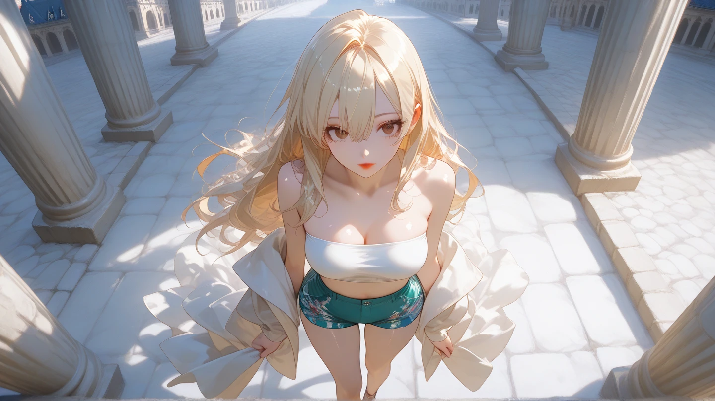 masterpiece, best quality,snvAphrodite, hair flower, greek clothes, cleavage, white dress, navel, large breasts, wide hips, greek architecture, blue sky, garden, from below, bending over, looking at viewer, :o, pov