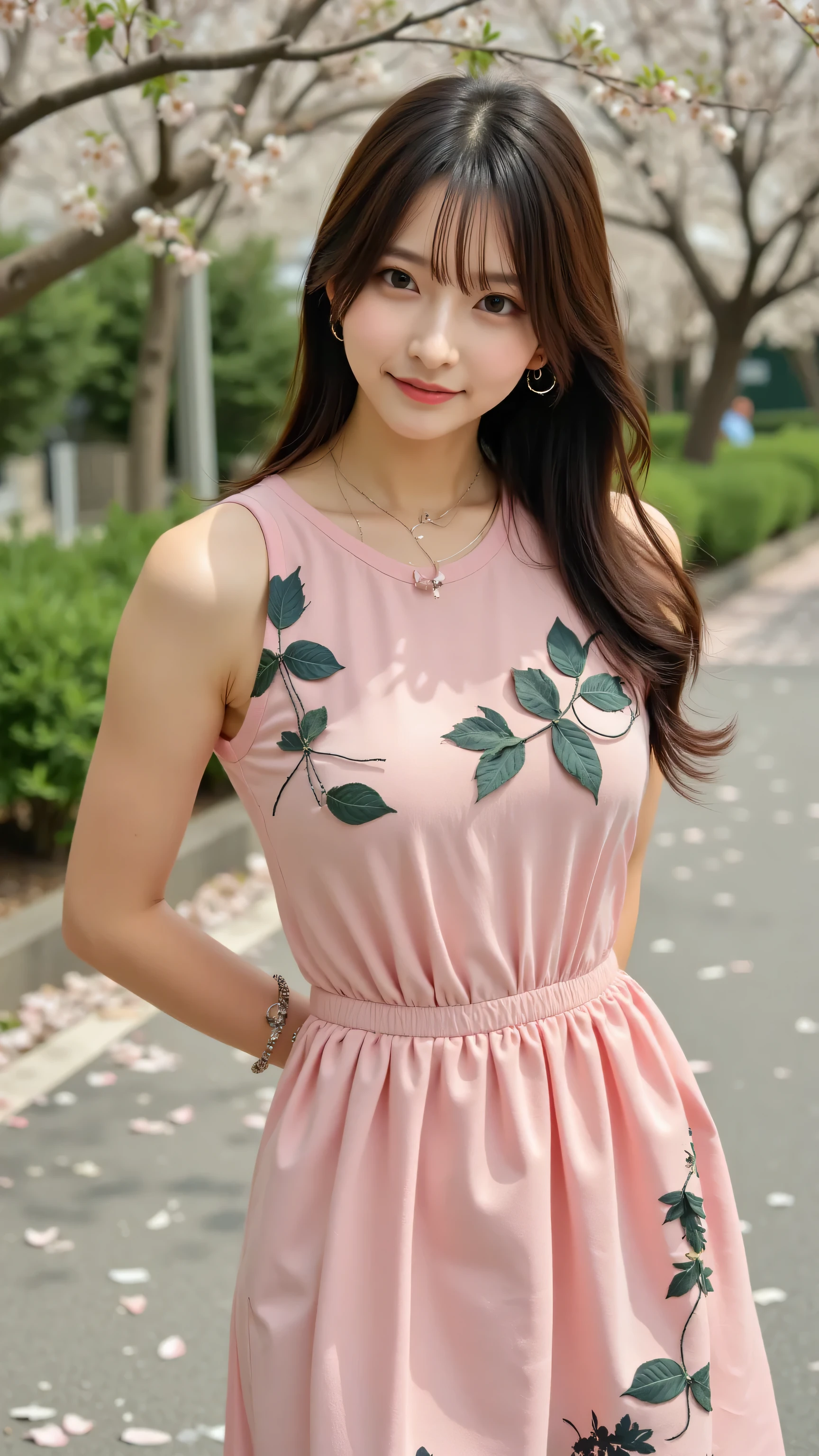 Solo woman captured in professional cowboy shots、Highlight beautiful, slender legs and thighs、long black hair、Realistic Style、Embroidered green and black leaves and flowers on a pink sleeveless dress、Earrings and bracelets as accessories、 wears a necklace 、 Staring at the Viewers While Smiling、skirt lifting pose、Cherry blossoms in full bloom and scattered petals on a spring background、High quality cinematic composition taken by a professional photographer、sharp focus、bokeh background。