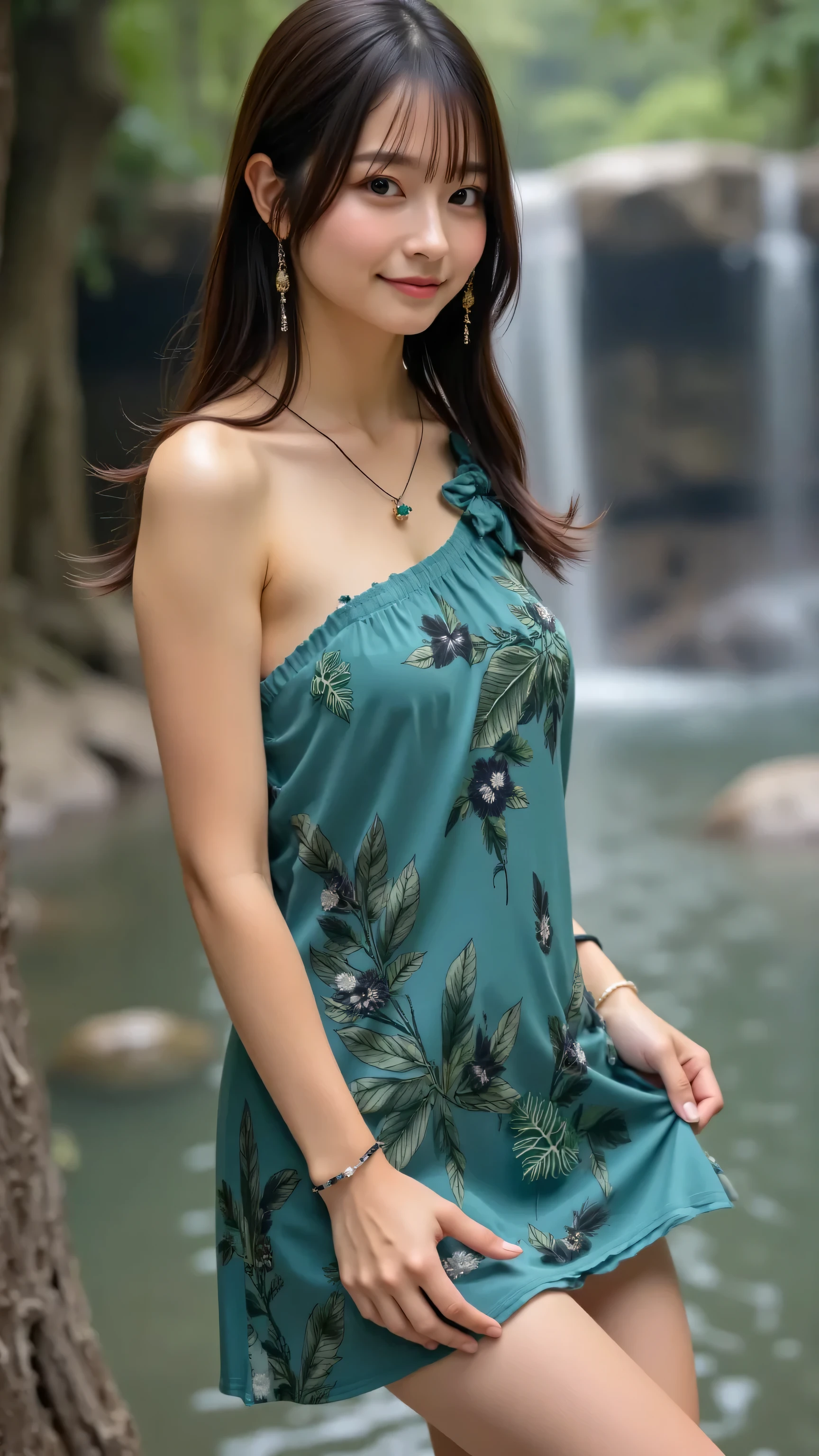 ((masterpiece, Best quality, a high resolution, ultra detailed),(beautiful and aesthetically pleasing:1.2), 1 woman, adult, perfect body, Wavy dark hair, green eyes, hair pulled back into a beautiful ponytail, Detailed eyes and face, long oversized shirt, swimsuit, bikini, golden hour, beach, sea, sand, Palm tree, complex parts, whole body, beachные шлепки,