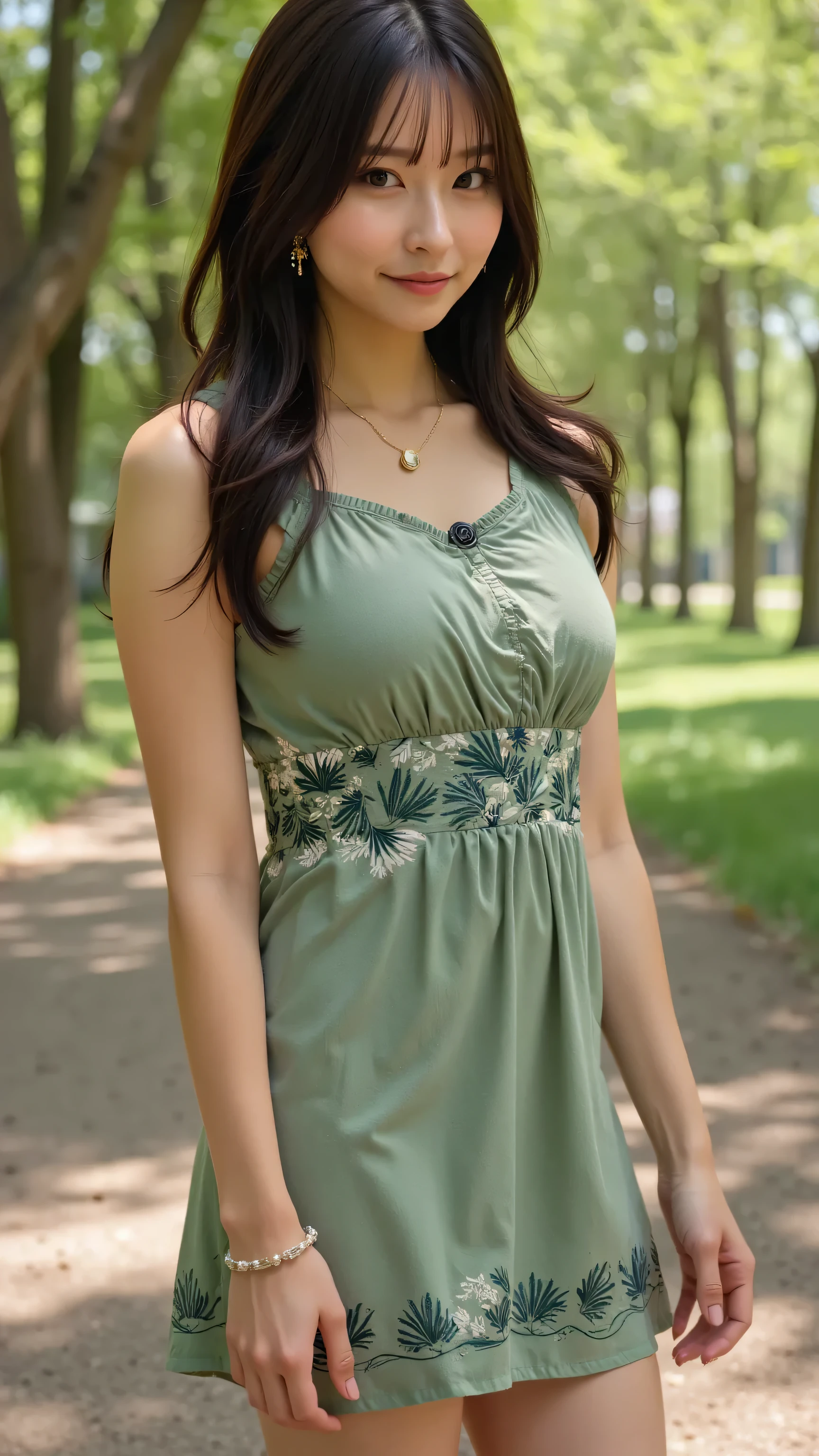 Solo woman shot in a professional cowboy shot、Highlight beautiful, slender legs and thighs、long black hair、Realistic Style、Embroidered green and black leaves and flowers on a green sleeveless dress、Earrings and bracelets as accessories、 wears a necklace 、 Staring at the Viewers While Smiling、skirt lifting pose、Sunlight filtering through trees and lush trees on a forest background々、High quality cinematic composition taken by a professional photographer、sharp focus、bokeh background。