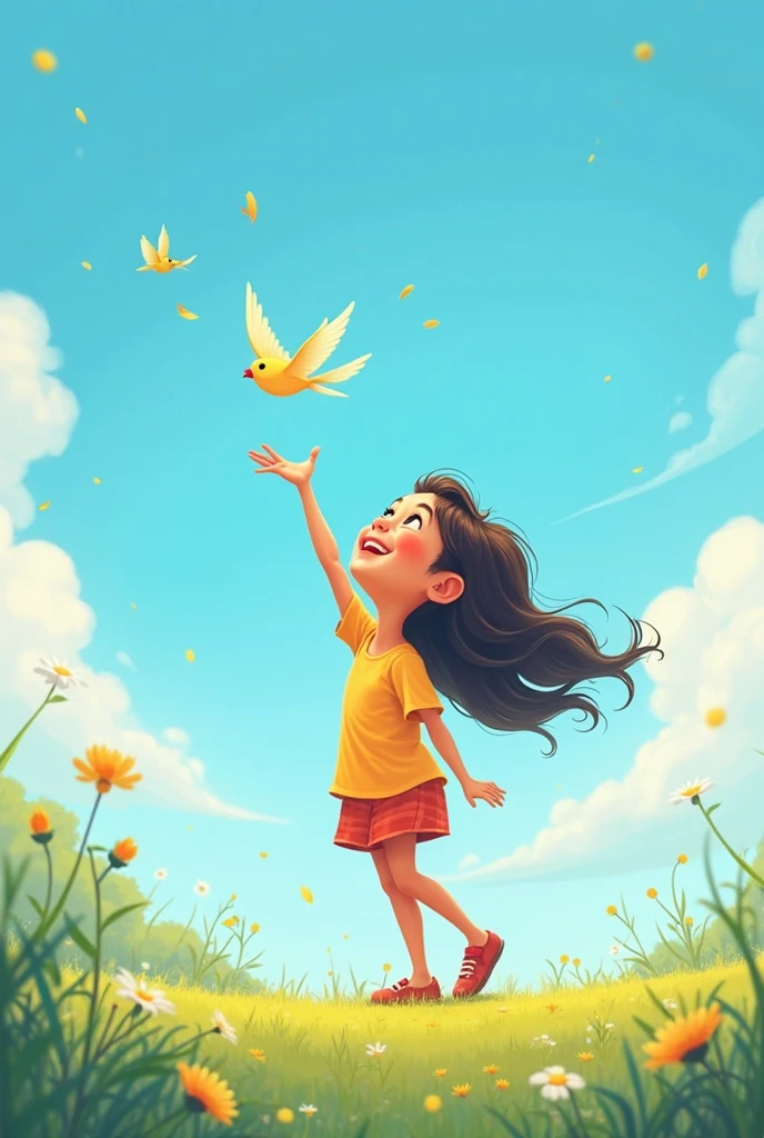 white background,Little baby girl,waring ccolorfully dress,stand on grass,rais her hands,flying little bird
