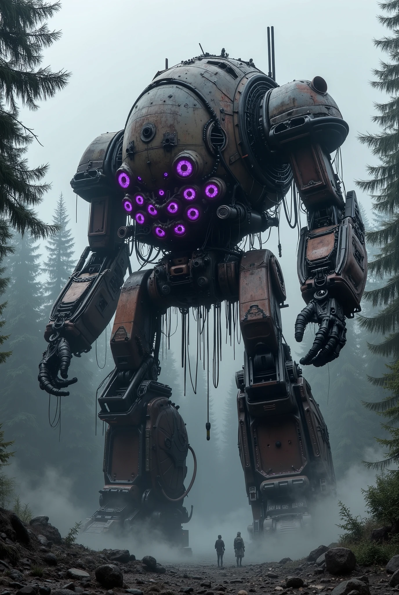 military robot like a tank、(1.5)、(An intimidating feeling like a chariot:1.5),(wacky, perverted, and bizarre design without a head:1.5),(the dark dark metallic body is rusted:1.5)、(Total height 50mRobot 1.tanding in the fog of the forest、(A robot with a very creepy atmosphere:1.5),(12 large reactors that glow purple are concentrated in the center of the main body:2.0)、heavy and intimidating robot、(wacky, perverted, and bizarre design without a head:1.5)、Extremely Huge Robot、A is looking up at the robot、(There are extremely organic parts:1.5),