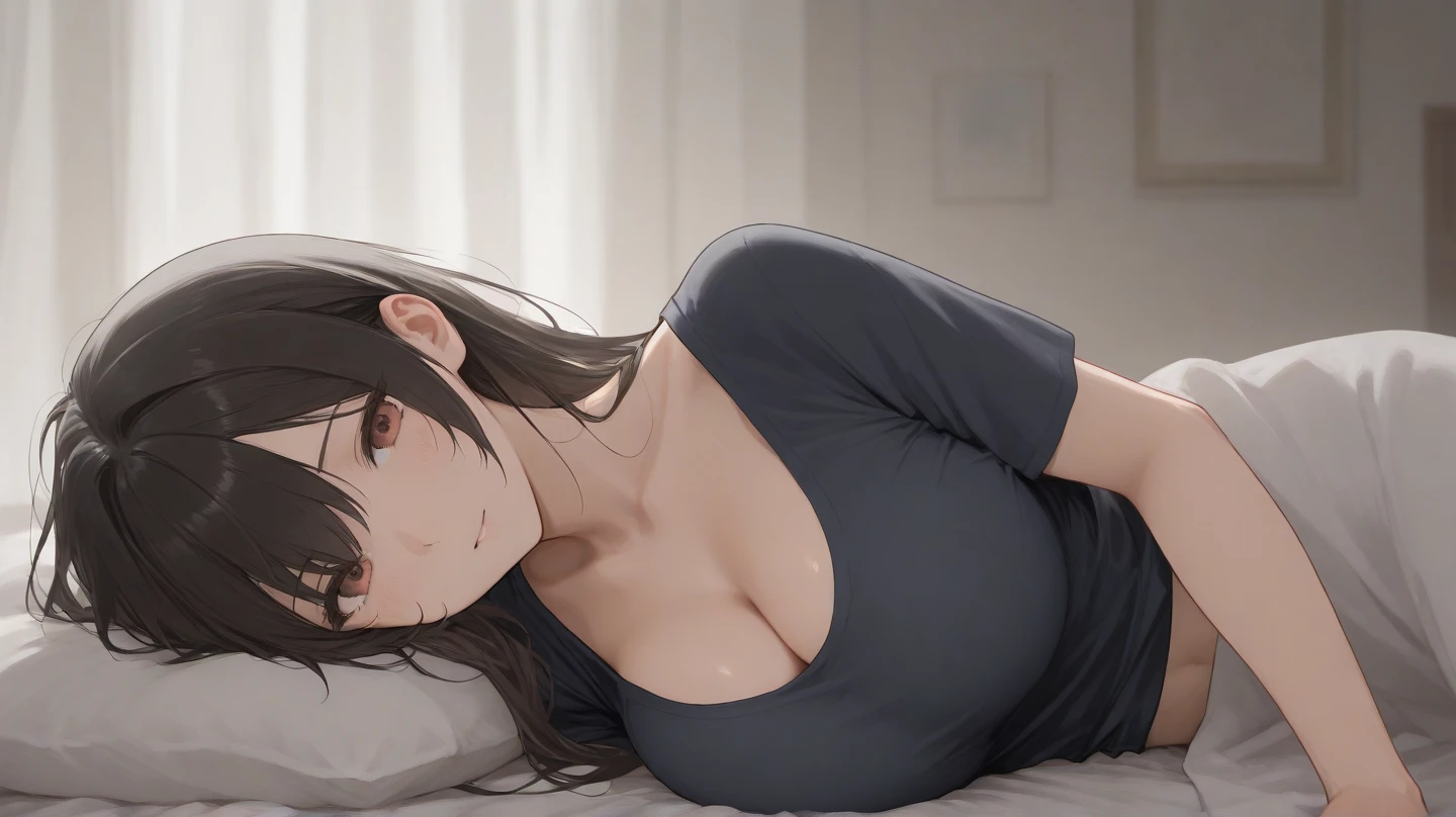 (8k, best quality, tmasterpiece:1.2),\(eye detailed\),\(Facial features\),(\(Clothes detail details\)\),(1 girl:1.3),,solo,full body,long wave hair,black hair,shiny hair,(eyes closed:1.3),(/sleeping girl:1.4)/,closed the mouth.(the girl is sleeping in the bed:1.5),huge breasts,breasts sagging,(wearing school uniform:1.2),dark blue shirt and dark blue skirt,(faintly visible cute pink underwear:1.3).(bed is the hospital stretcher bed),(the background is School medical room),(Lying down and falling asleep, she fell into a deep sleep and closed her eyes:1.3)