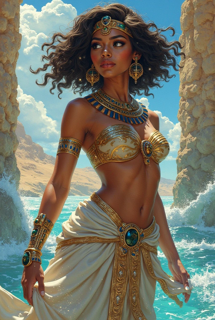 african goddess, heterochromia eyes, really curly hair, dark skin, sparkling eyes, Static Shot, Full Body, (Disgust Wrinkled Nose Raised Upper Lip Narrowed Eyes:0.7), ( seascapes, Exploration Themes, Shadow Dimension Location1.0) (Masterpiece, Hypermaximalist, Maximalism, Best Quality, 8k, Highres, Absurdres, 4k, High Quality, Ultra High Res, Highest Quality, Ultra Detailed, 8k Uhd, Realistic, Highly Detailed, Ultra-Detailed:1.0), (Cinematic Lighting, Hdr, Raw Photo, Sharp Focus, Photorealistic, Realistic:1.0), (Triangle shaped face, Angular Face Features, Sharp Defined Chiseled Jawline, Pointed Nose, High Forehead,:1.2), (Beautiful Face, Detailed Face, Beautiful Eyes, Detailed Eyes, Beautiful Detailed Eyes:1.0), Sniper wearing Medium Stud leather armor, jiggly fat round belly voluptuous body