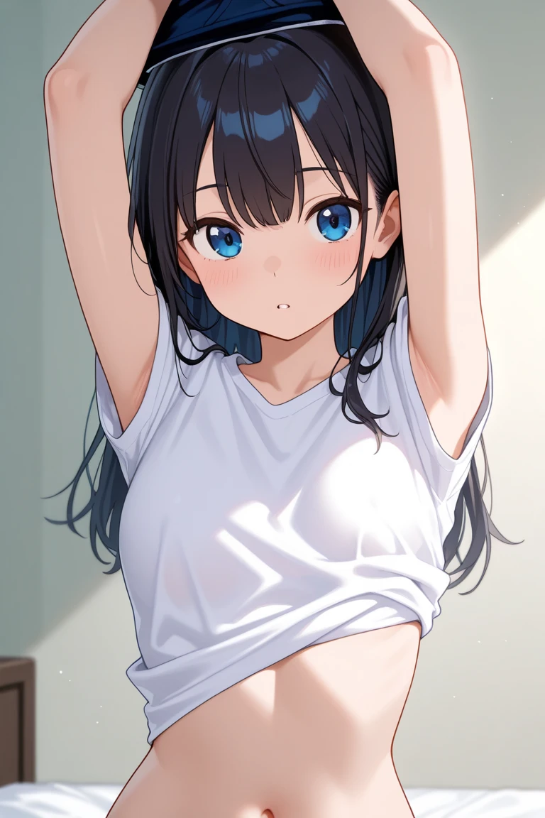 1 girl, long hair, black hair, straight hair, short bangs above brows, blue eyes, small breasts,
BREAK (masterpiece), (high resolution 8K), cinematic lighting, professional lighting, detailed eyes and face, detailed body,
BREAK leaning forward, press breasts together, (NSFW:1.2)
