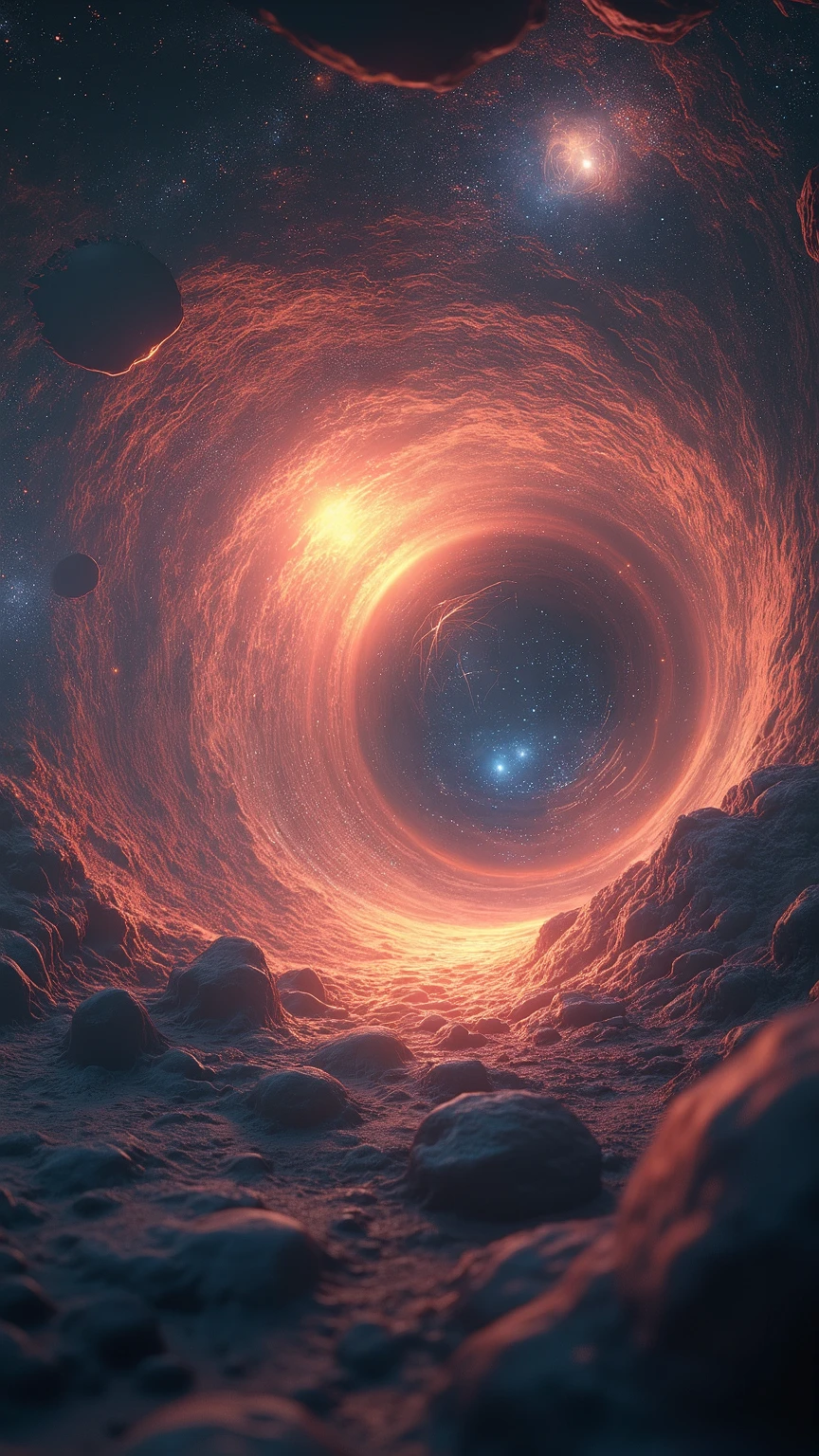 A science-art rendering of a vacuum decay bubble — showing a glowing spherical boundary between false and true vacuum, surrounded by warped gravitational fields, quantum particles, and cosmic background structures