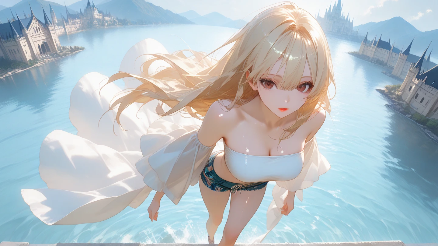 1girl, pretty face, blunt bangs, Long hair, drill hair, twin drills, blonde hair, shiny hair, glow eyes, jitome, brown eyes, tsurime, white skin, huge breasts, Short body, White Very small bikini, micro bikini, see-through, Under the sea