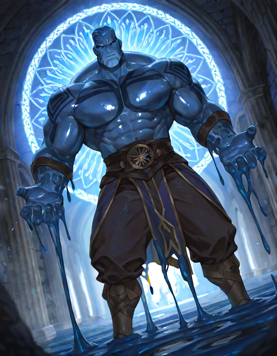 Top quality, Photorealistic, 8K, High Definition, Unity 8K wallpaper, high res, ultra sharp, masterpiece, ((masterpiece)), best quality, expressive eyes, perfect face, Super eyes, masterpiece, highly detailed exquisite character art, epic fantasy digital art style, detailed digital 3D fantasy art, ultra-realistic, male, male muscular slime body, slime male bodybuilder, (((Natural Light))) slime male pecs, slime butt, slimy skin, liquid slime male, sexy, Neon ((Blue skin Slime Body)) soaked, liquid, tendrils, (((coiled))), forced, tentaculata, (((cocooned))), wrapped, (((encasement))), ((slime tentacles)), Homosexual male, in a shrine, male slime man, slime bodybuilder, masculine, ((shiny)) ((glowing))