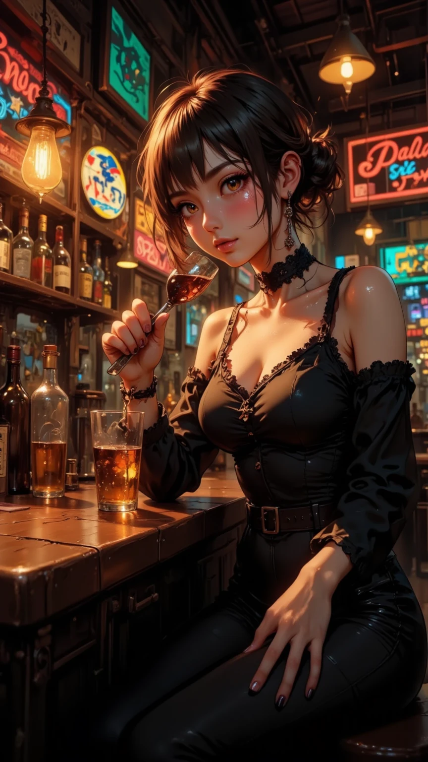 best qyality, perky tits, 8k, stocking suspenders, (woman 1), medium breasts, jazz bar, (red dress:1.2) (black dress:1.4), bob hairstyle, choker around the neck, starry eyes, noir style, professional, (ginger hair:1.3) (purple hair:1.1) full height, girl sitting at the club counter, dim light indoors