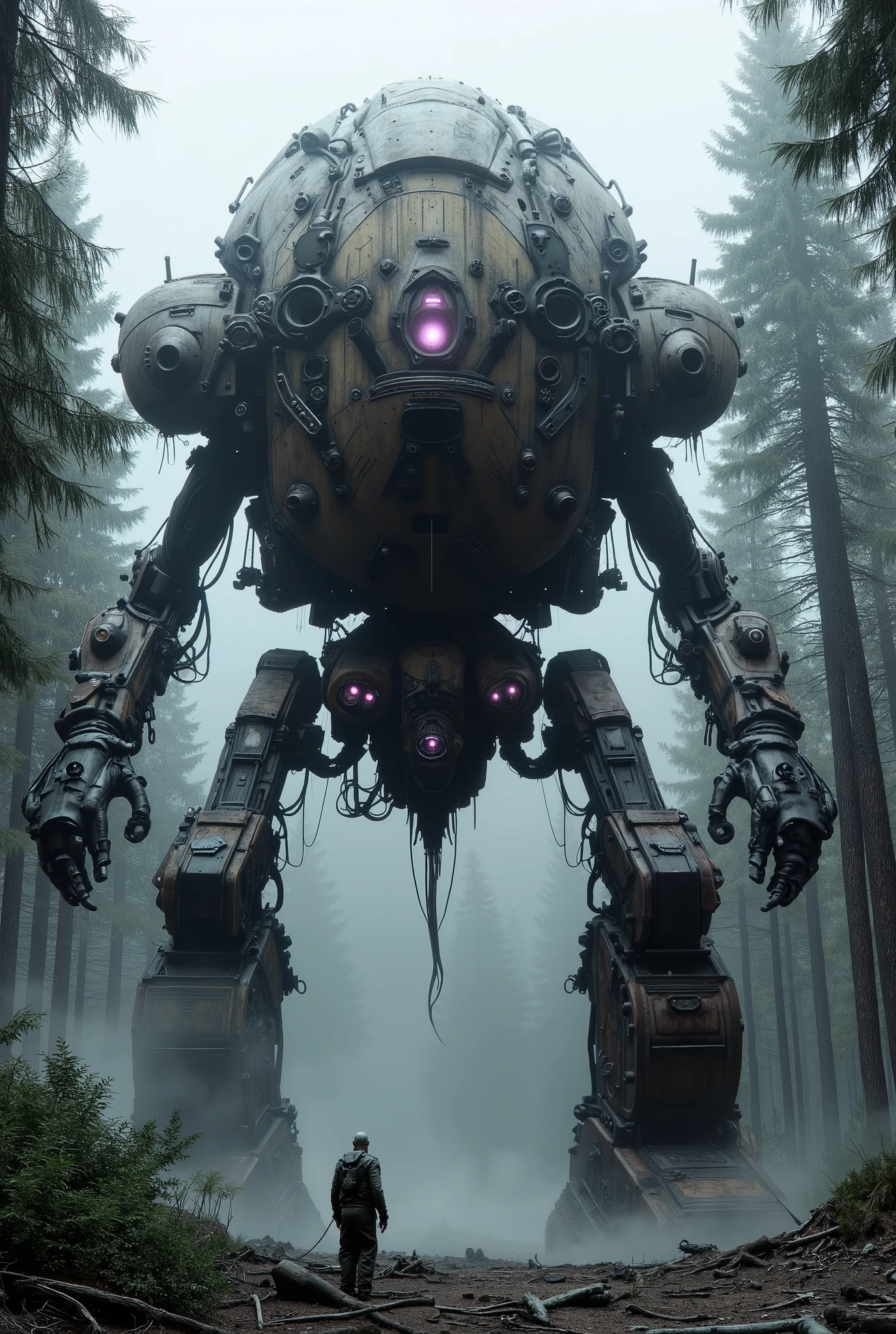 military robot like a tank、(1.5)、(An intimidating feeling like a chariot:1.5),(Unconventional, kinky , and a strange headless design:1.5),(The dark metal body is rusted:1.5)、(Total height 50mRobot 1 .standing in the fog of the forest、(A robot with a very creepy atmosphere:1.5),(The 12 large reactor cores that glow purple are concentrated in the center of the main body:2.0)、heavy and intimidating robot、(Unconventional, kinky , and a strange headless design:1.5)、Giant Robot、A looks up at the robot、(has very organic parts:1.5),