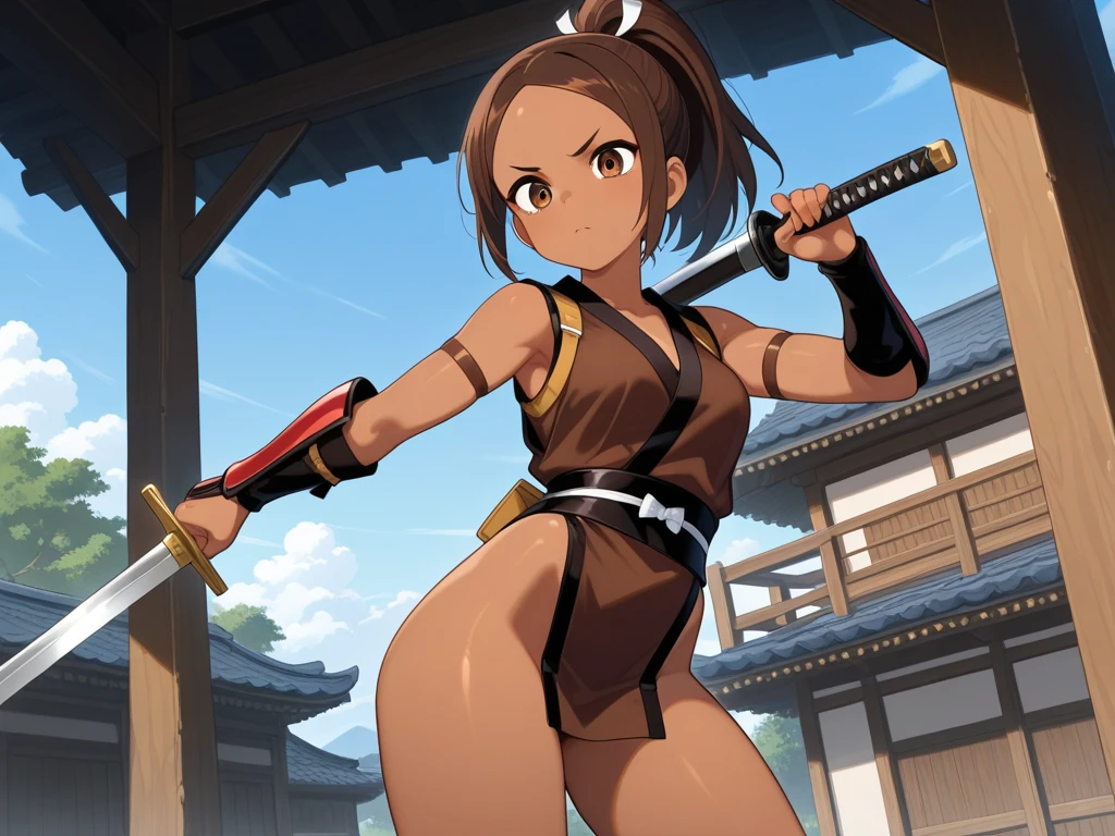Highest quality, masterpiece, High resolution, alone, （Glaring Eyes），（Small breasts），first round，Mansuji，leotard，Completely naked，roar，((Dentitions)) ， (Japanese sword)，Iron Sword，thrust，Evening sky_background，Young Girl，Anime Style, Highest quality, 4K, masterpiece,， alone, 1,whole body，looking at the camera, Shinkai Makoto style, （red_yellow‗_coat）Sharp Eyes，Low posture，（Full Finger）, （Accurate fingertips）, （The finer details）, （Anatomically correct）, (映画のbackground), Hyper Detail, (Subtle details), (Intricate details),